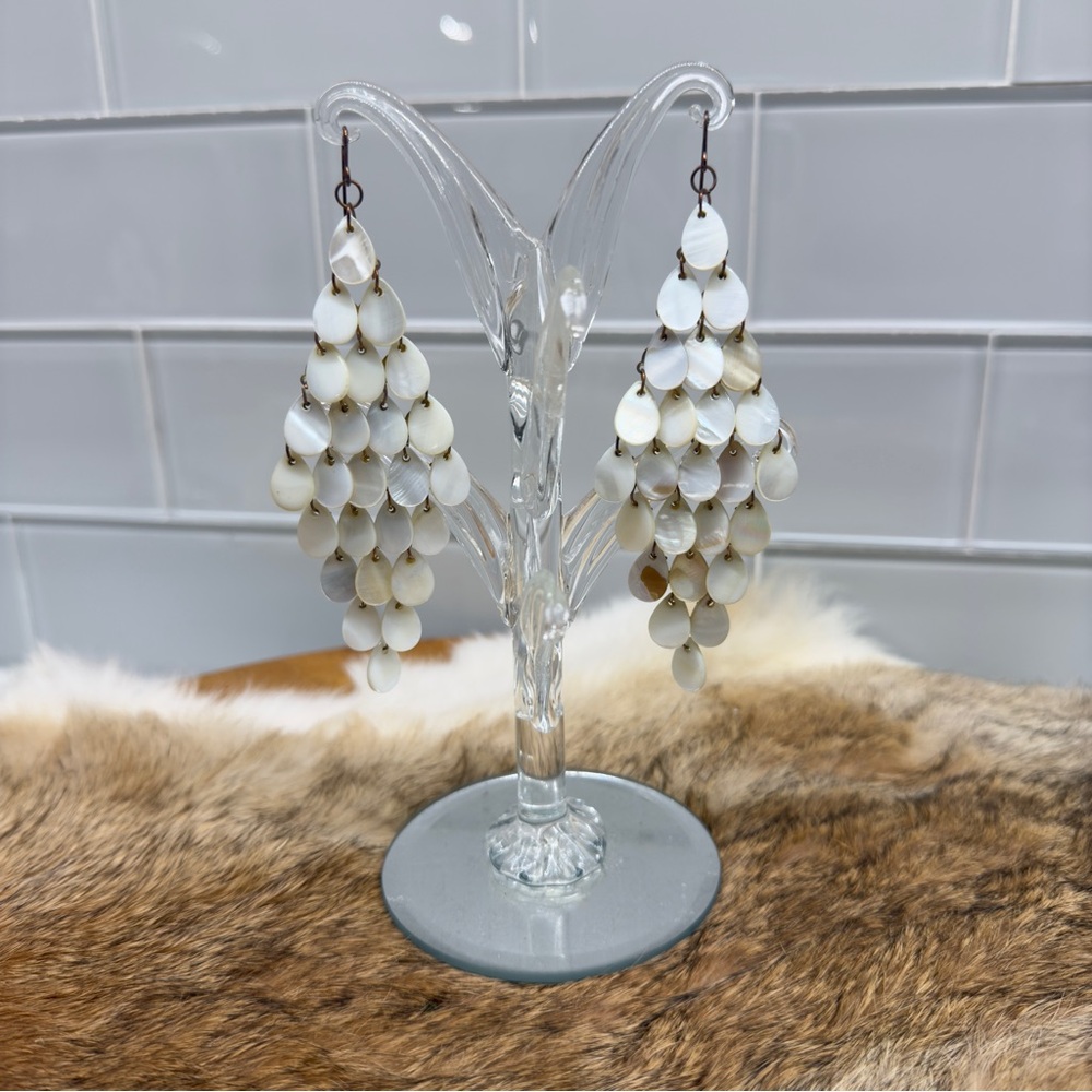 Teardrop Mother of Pearl Mermaid Scale Chandelier 9 Layers Cascade Drop Earrings